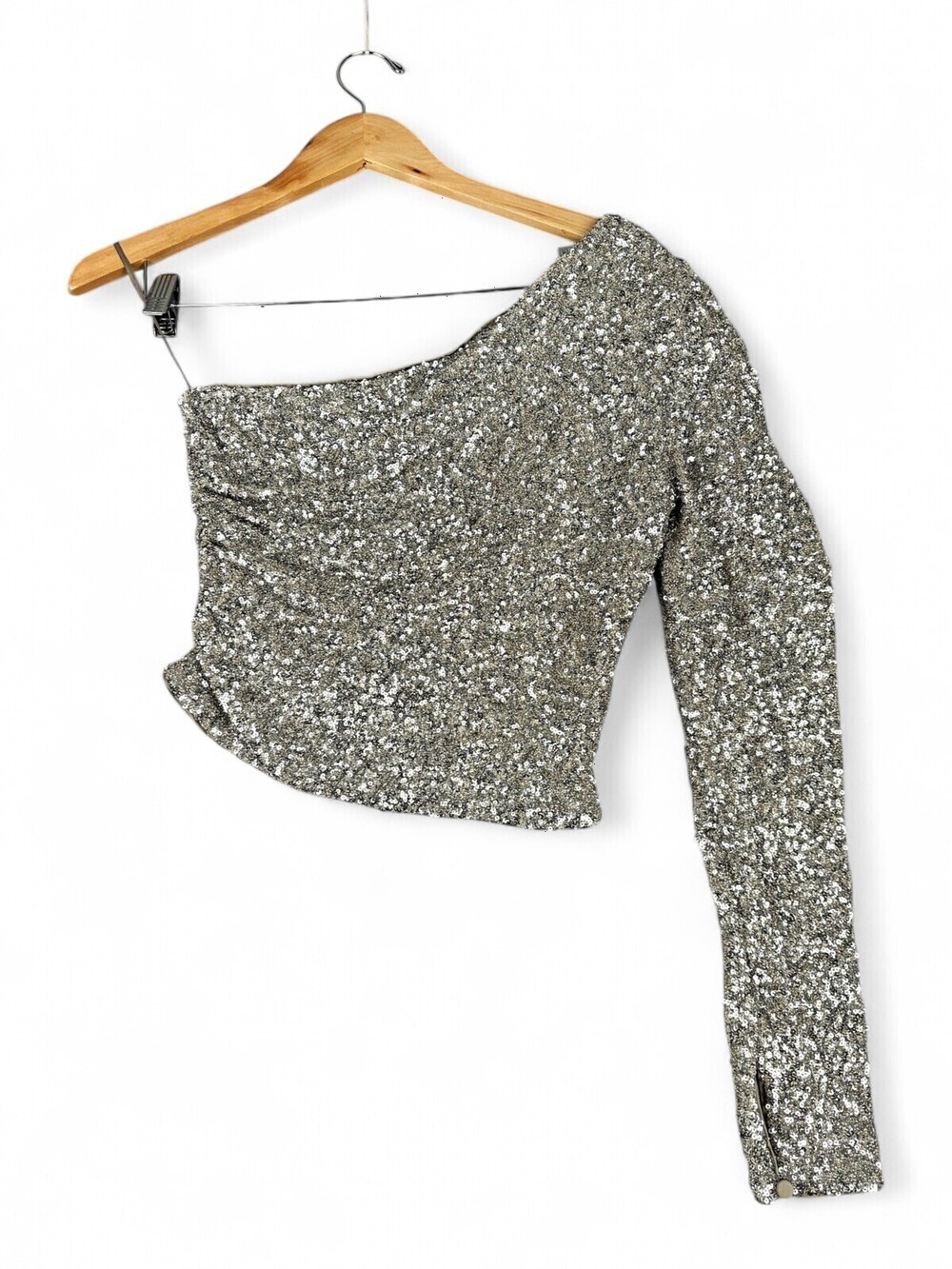 Express Silver One-Shoulder Sequin Crop Top S